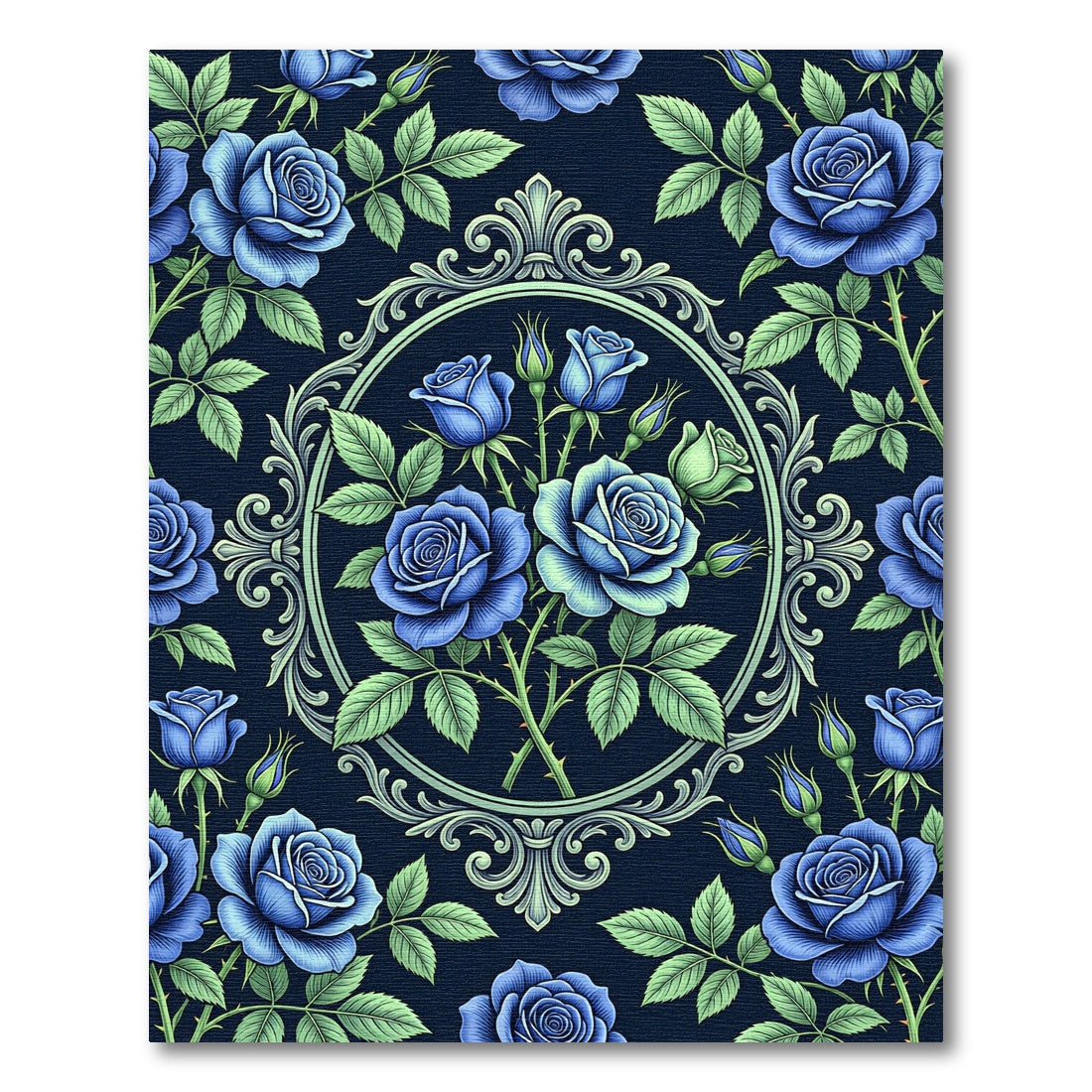 Elegant Blue Rose Ornate Oval Medallion Rug