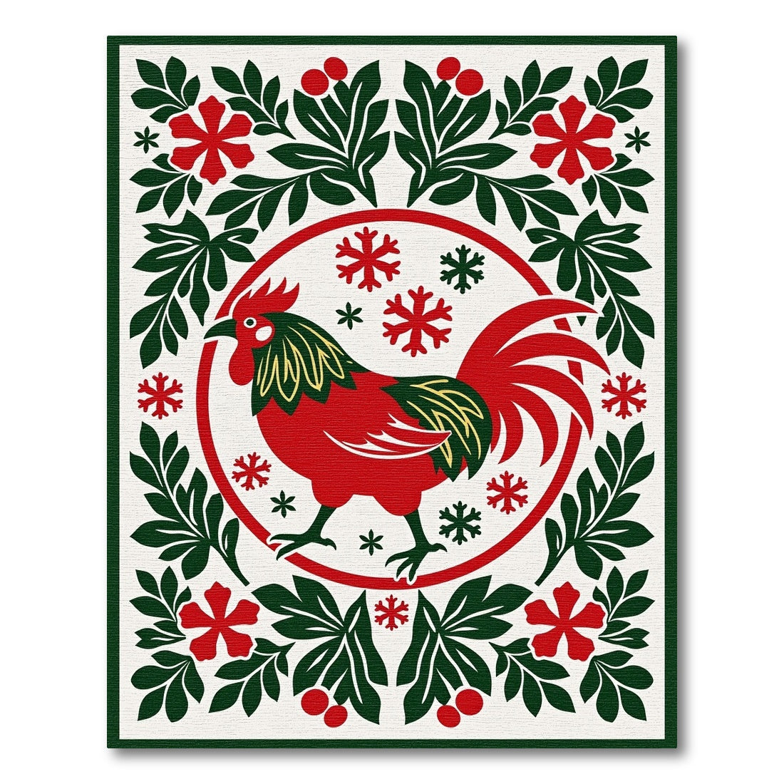 Rooster Snowflakes Floral Framing Rug