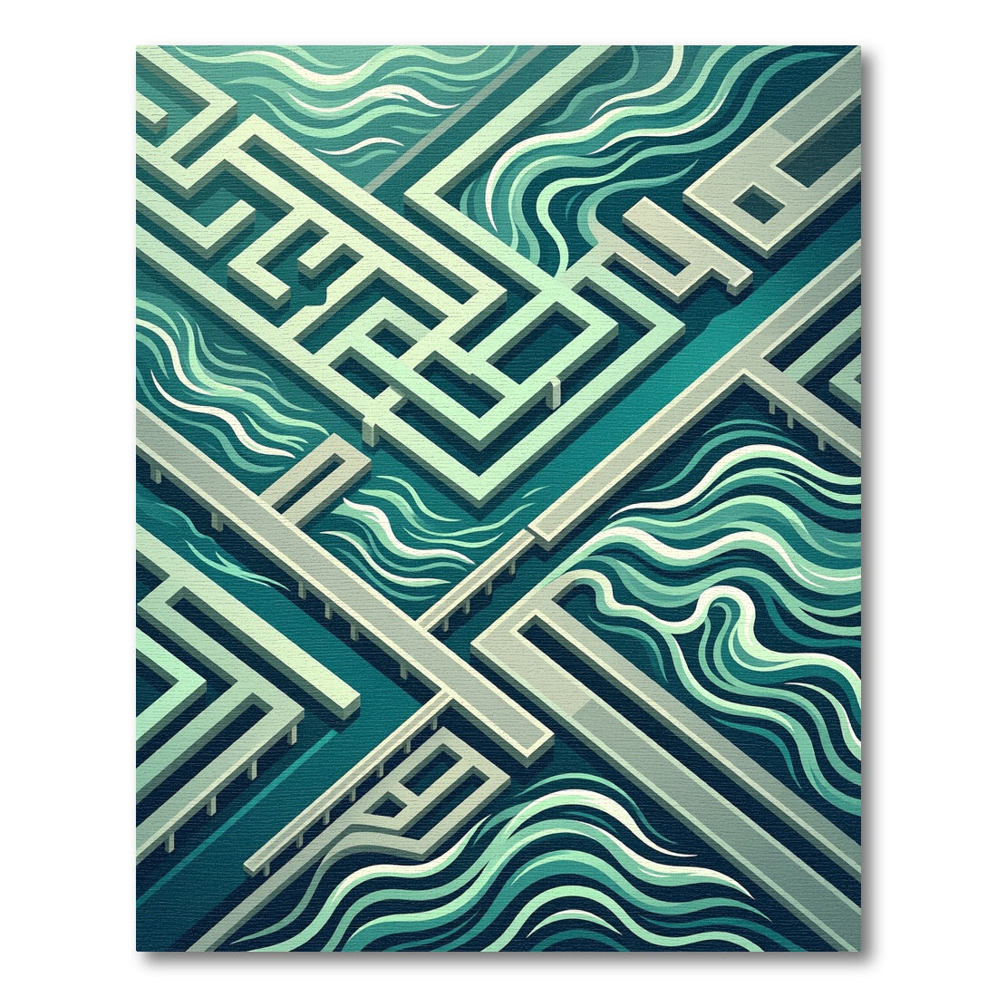Isometric Teal Abstract Geometric Wave Rug