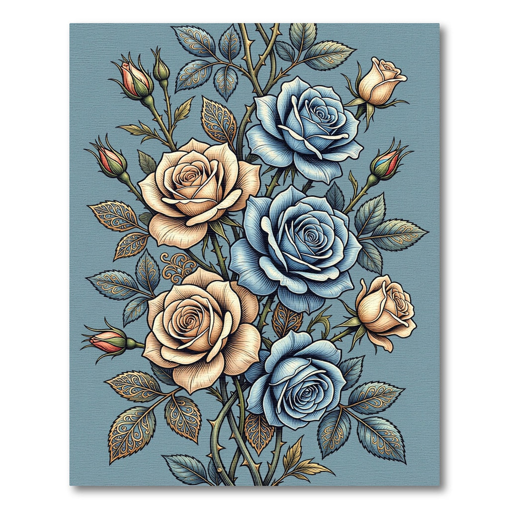 Elegant Blue and Cream Floral Rose Bouquet Rug