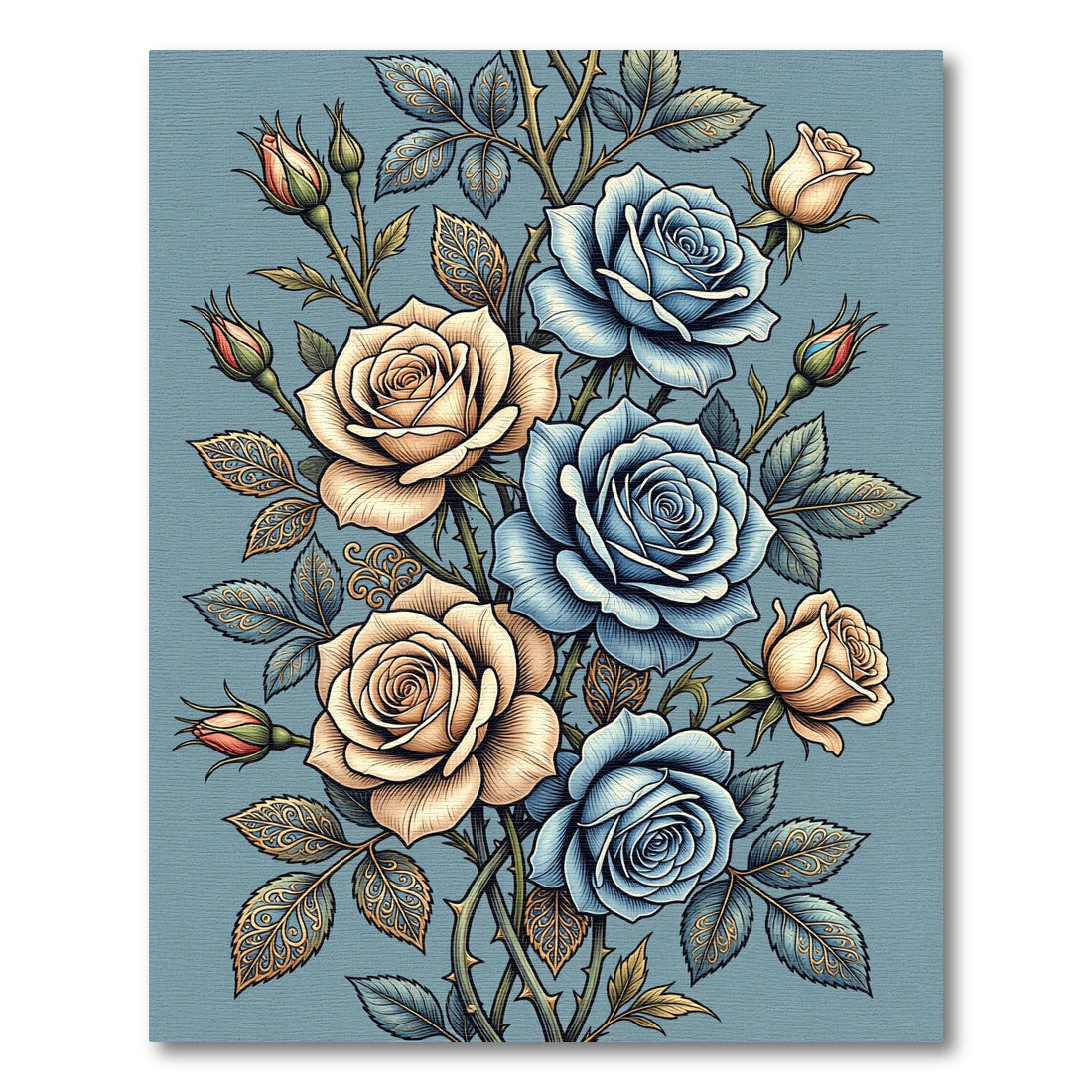 Elegant Blue and Cream Floral Rose Bouquet Rug