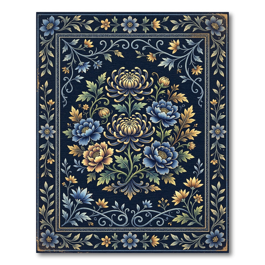 Navy Floral Chrysanthemum Medallion Tapestry Rug