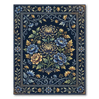 Navy Floral Chrysanthemum Medallion Tapestry Rug