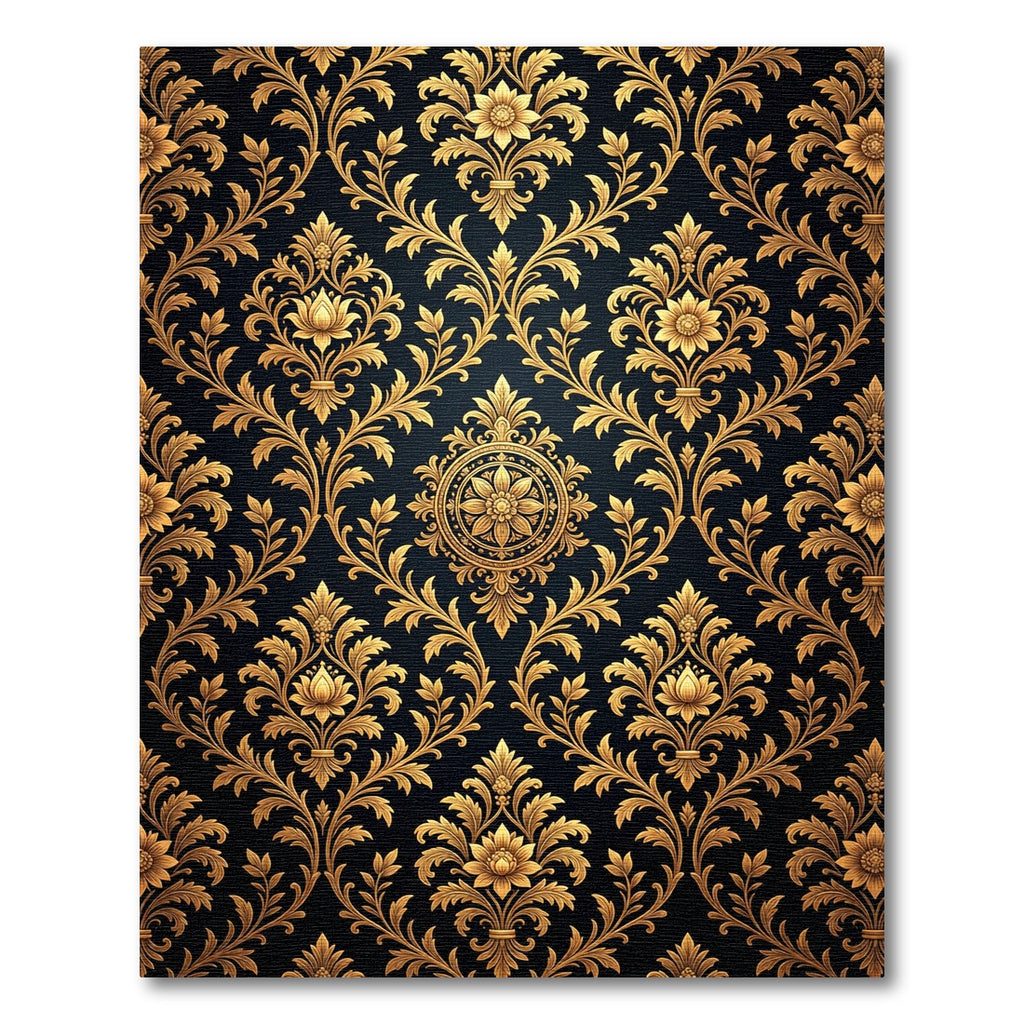 Ornate Golden Floral Damask Noir Rug