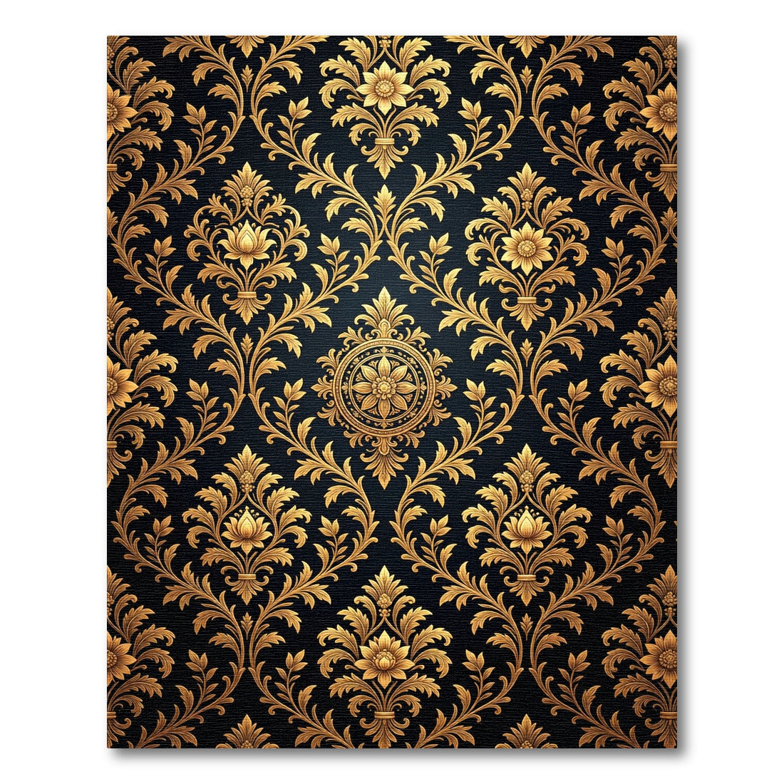 Ornate Golden Floral Damask Noir Rug