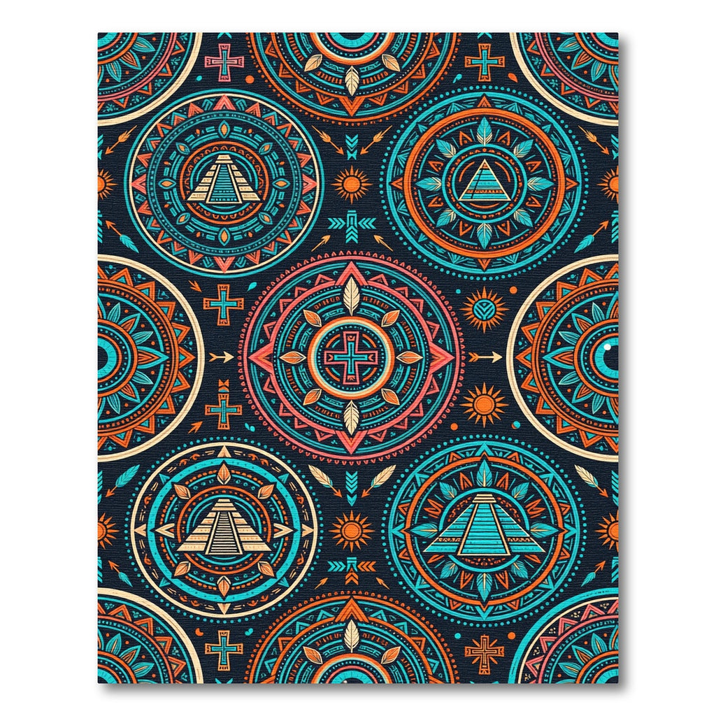 Vibrant Aztec Sun Pyramid Geometric Medallion Rug