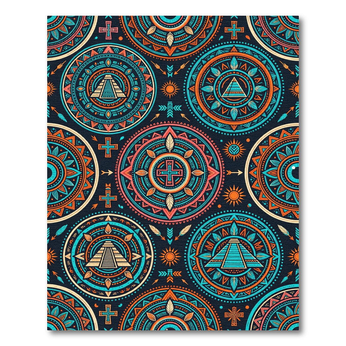 Vibrant Aztec Sun Pyramid Geometric Medallion Rug