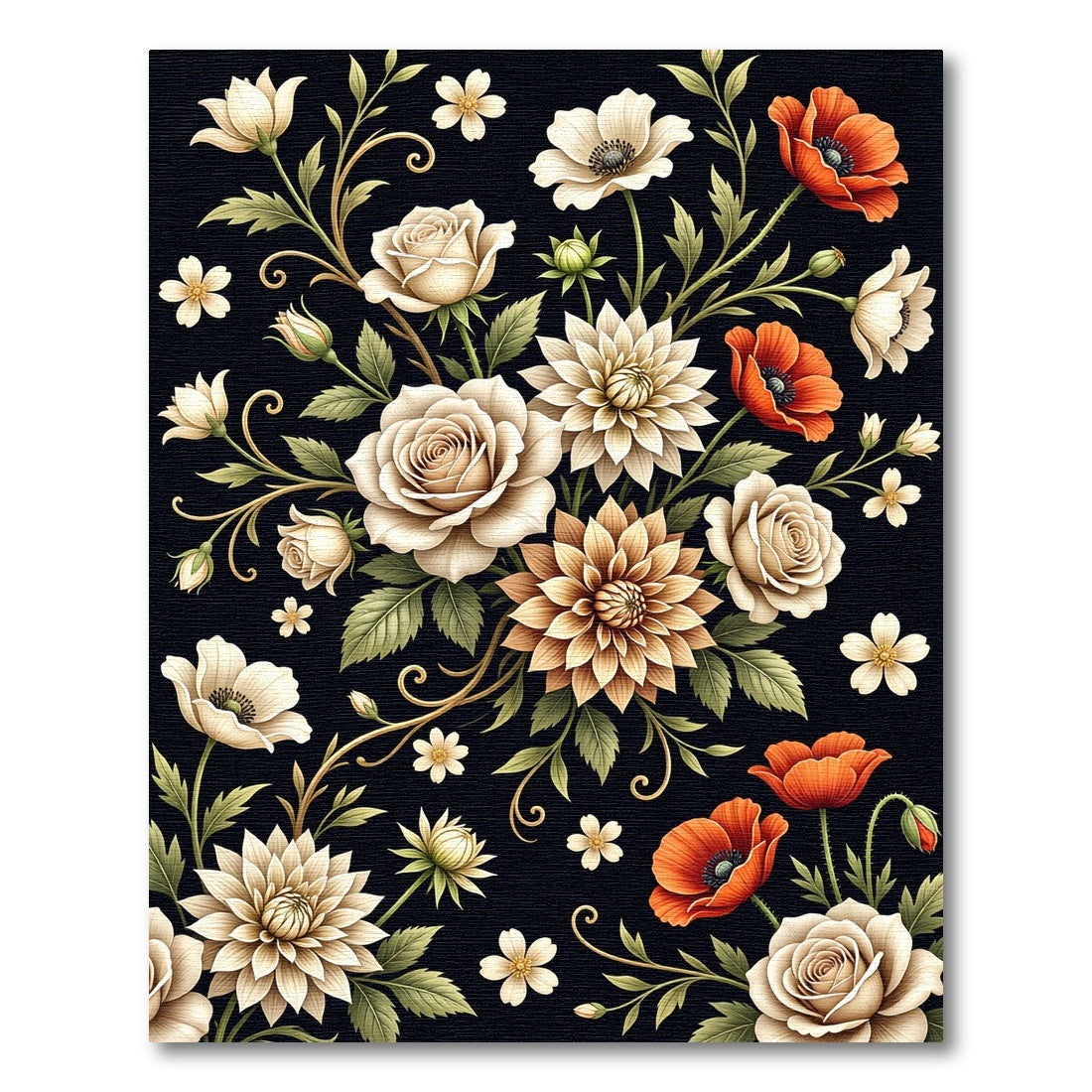 Elegant Beige Floral Black Meadow Rug