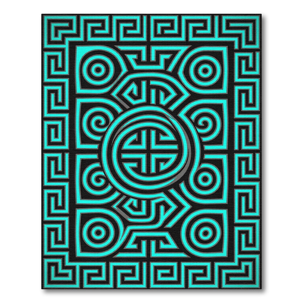 Neon Cyan Geometric Spiral Maze Art Rug