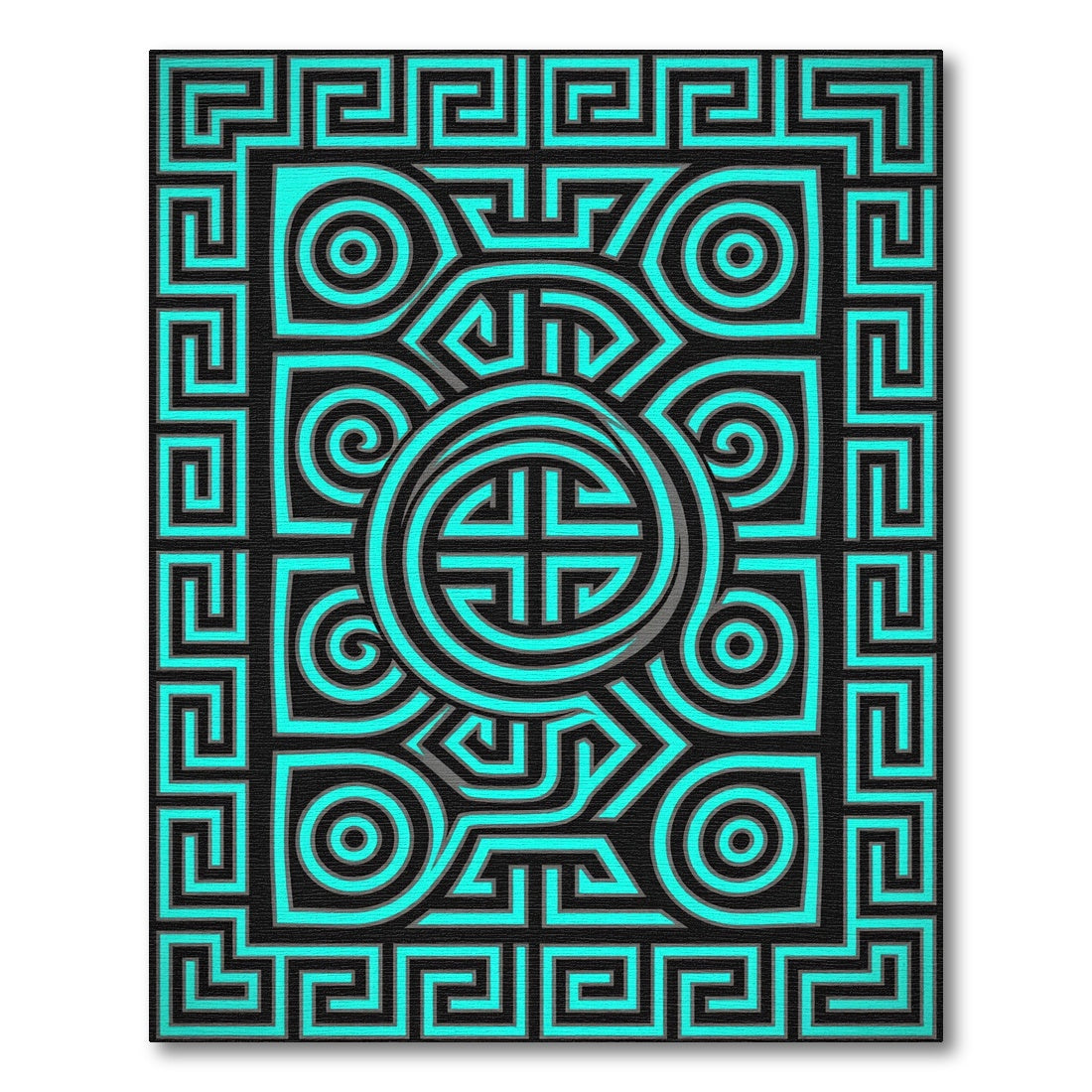 Neon Cyan Geometric Spiral Maze Art Rug