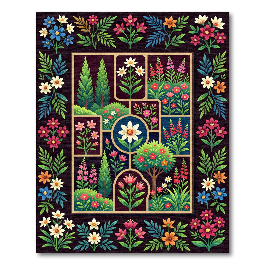Botanical Floral Grid Dark Garden Tapestry Rug