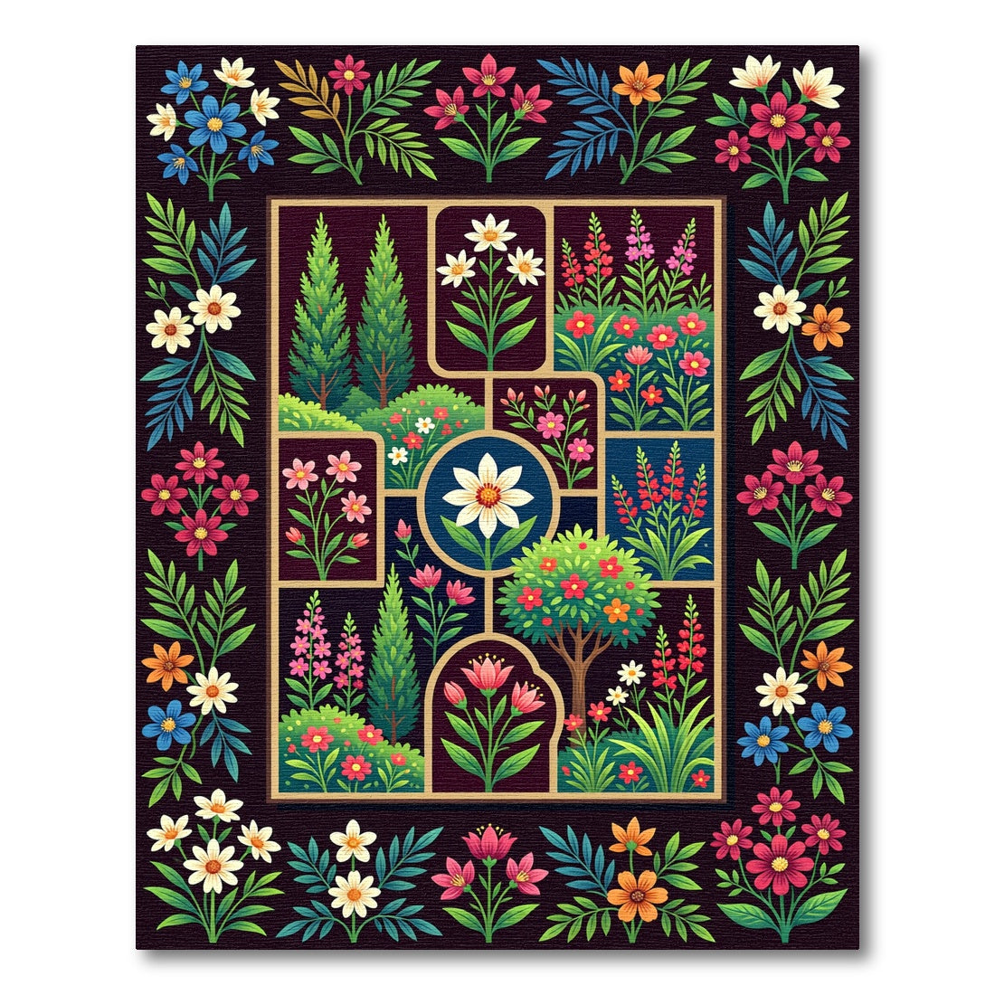 Botanical Floral Grid Dark Garden Tapestry Rug