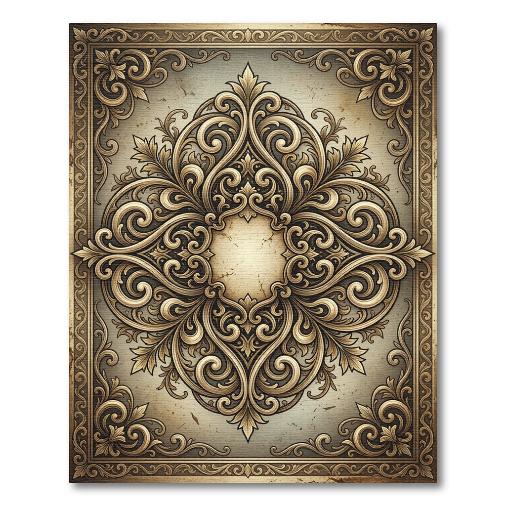 Ornate Golden Scrollwork Medallion Rug