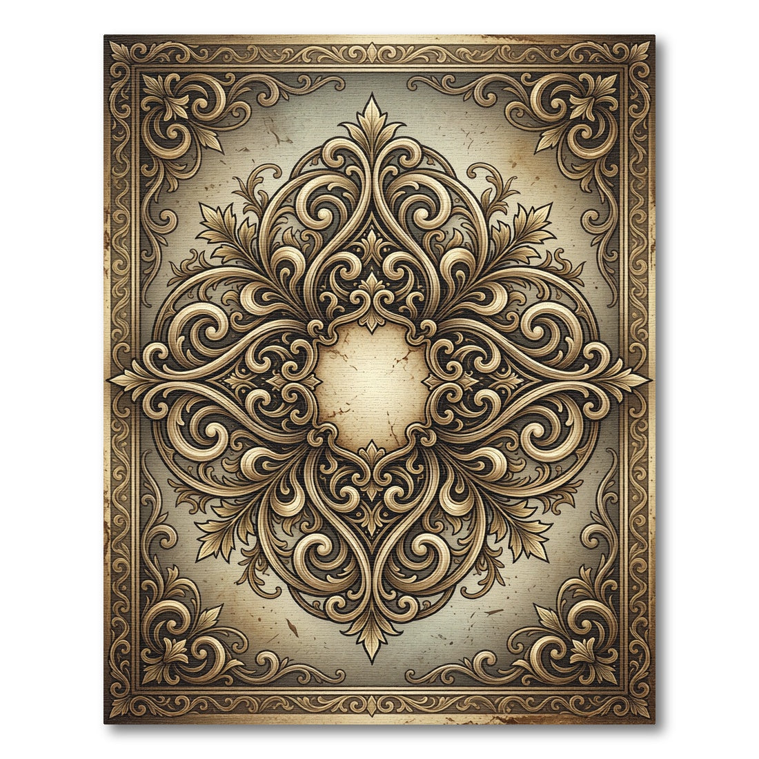 Ornate Golden Scrollwork Medallion Rug