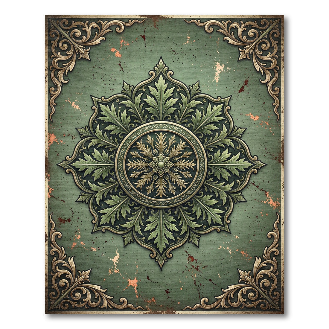 Vintage Green Floral Medallion Rug