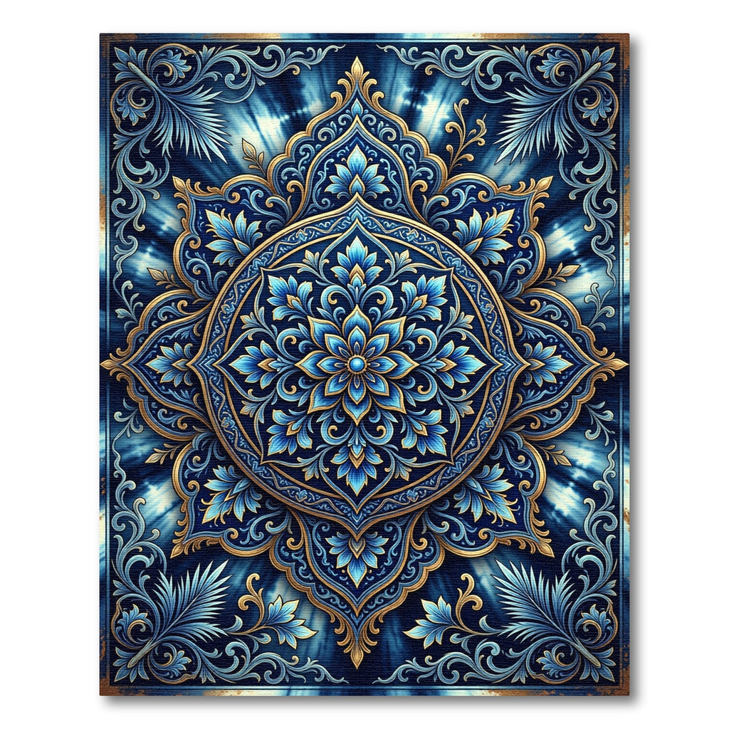 Deep Blue Golden Floral Mandala Rug