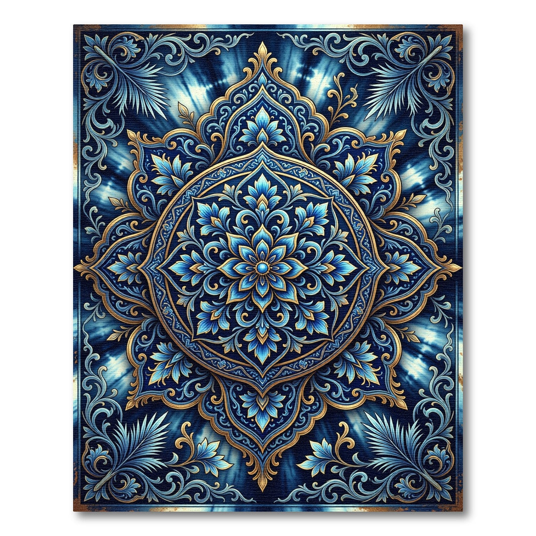 Deep Blue Golden Floral Mandala Rug