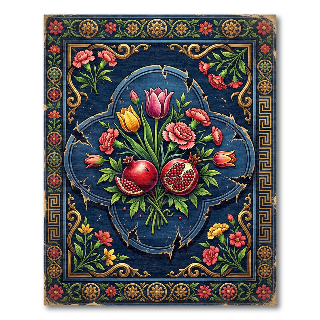 Pomegranate Floral Navy Gold Medallion Rug