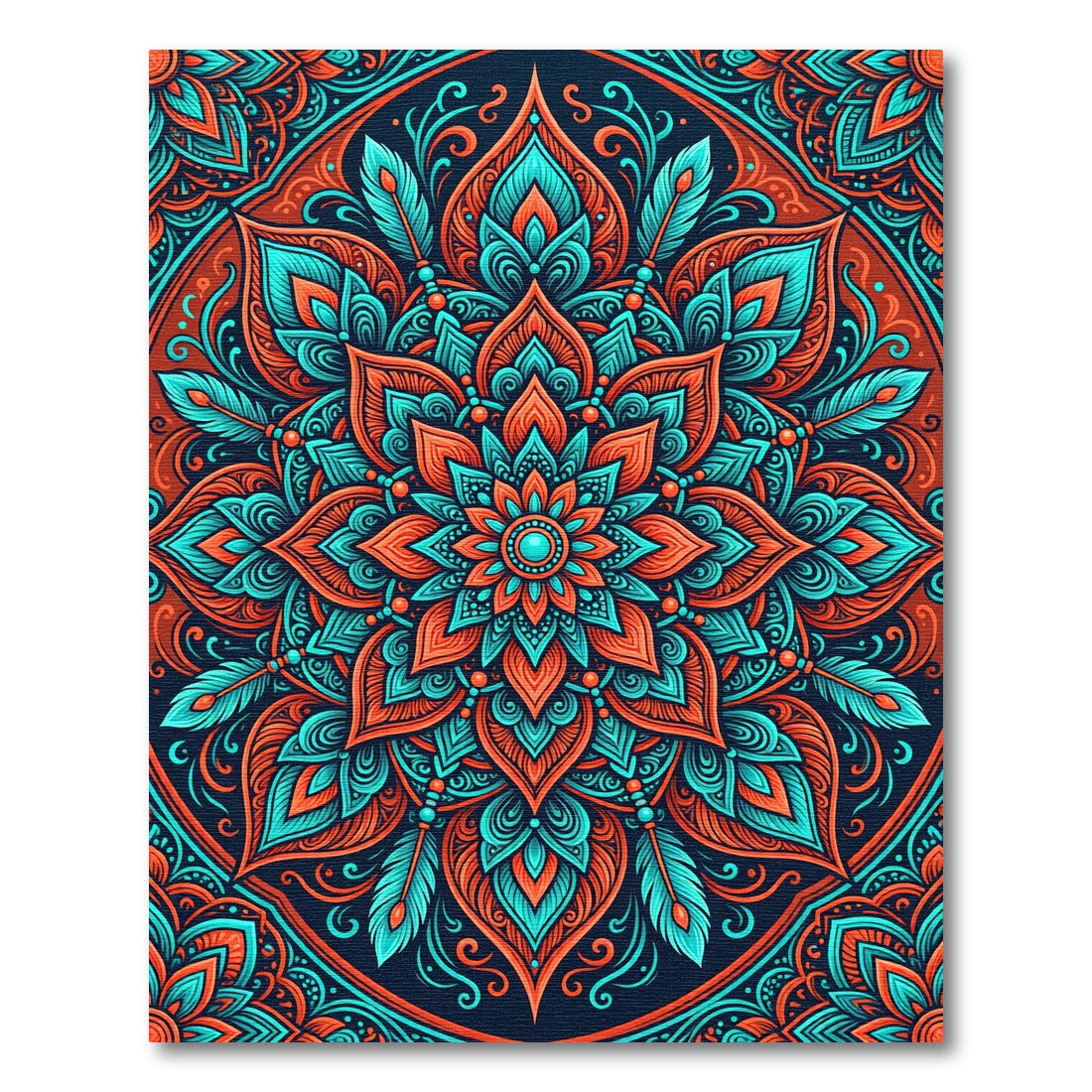 Vibrant Coral Teal Intricate Mandala Rug