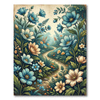 Vintage Blue Golden Floral Meadow Path Rug