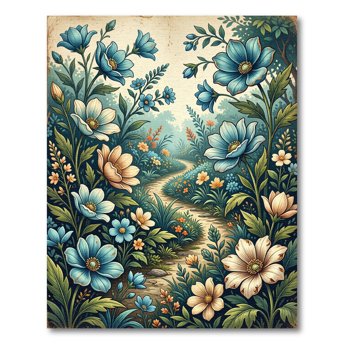 Vintage Blue Golden Floral Meadow Path Rug