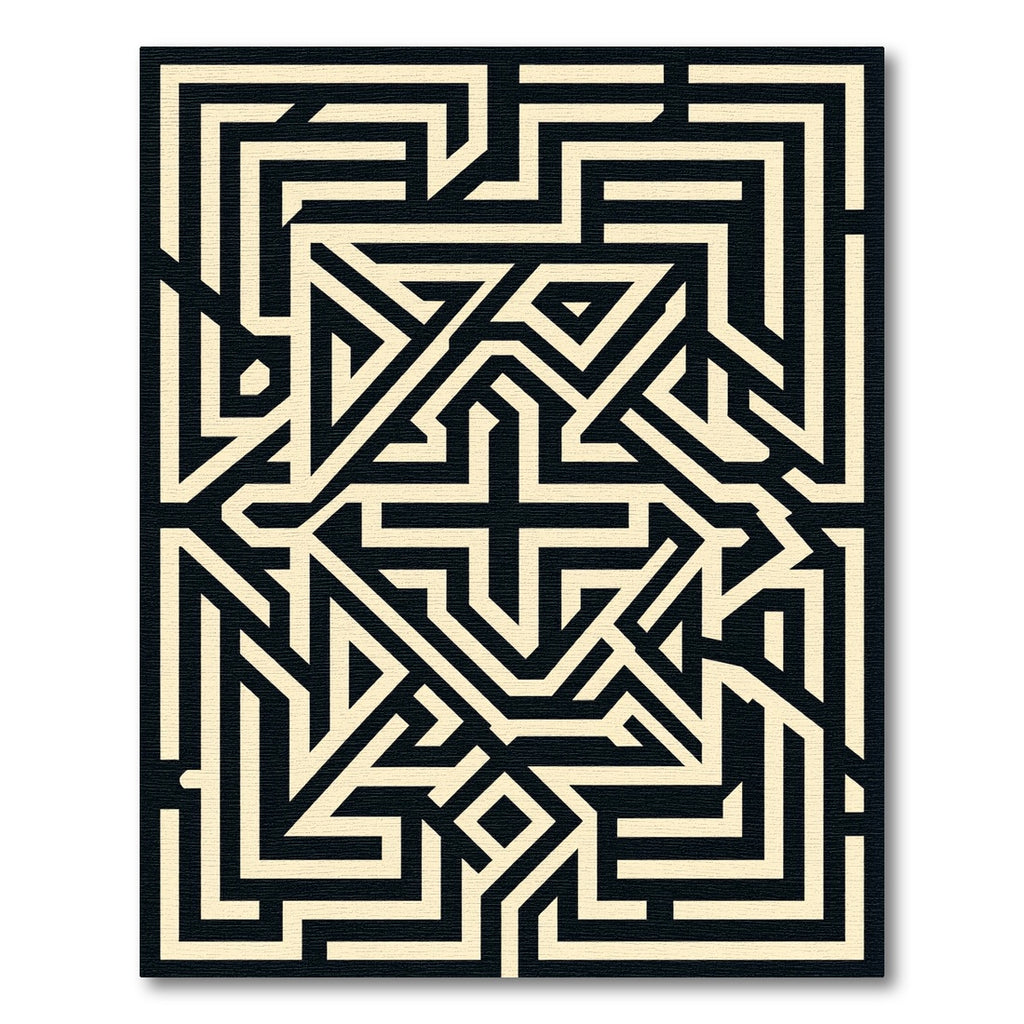Geometric Cream and Black Maze Art Rug