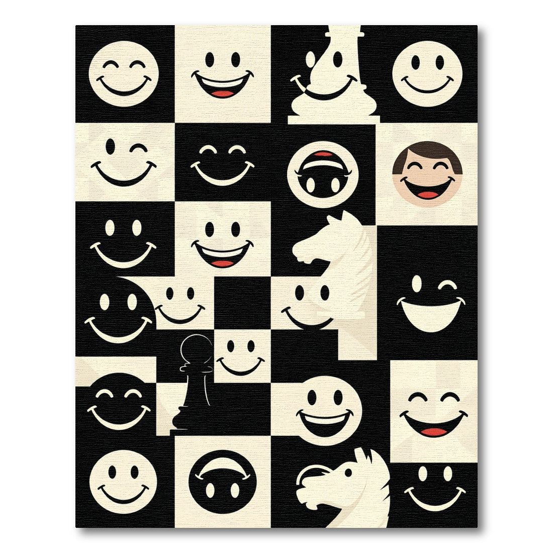 Playful Monochrome Chess Smiley Face Art Rug