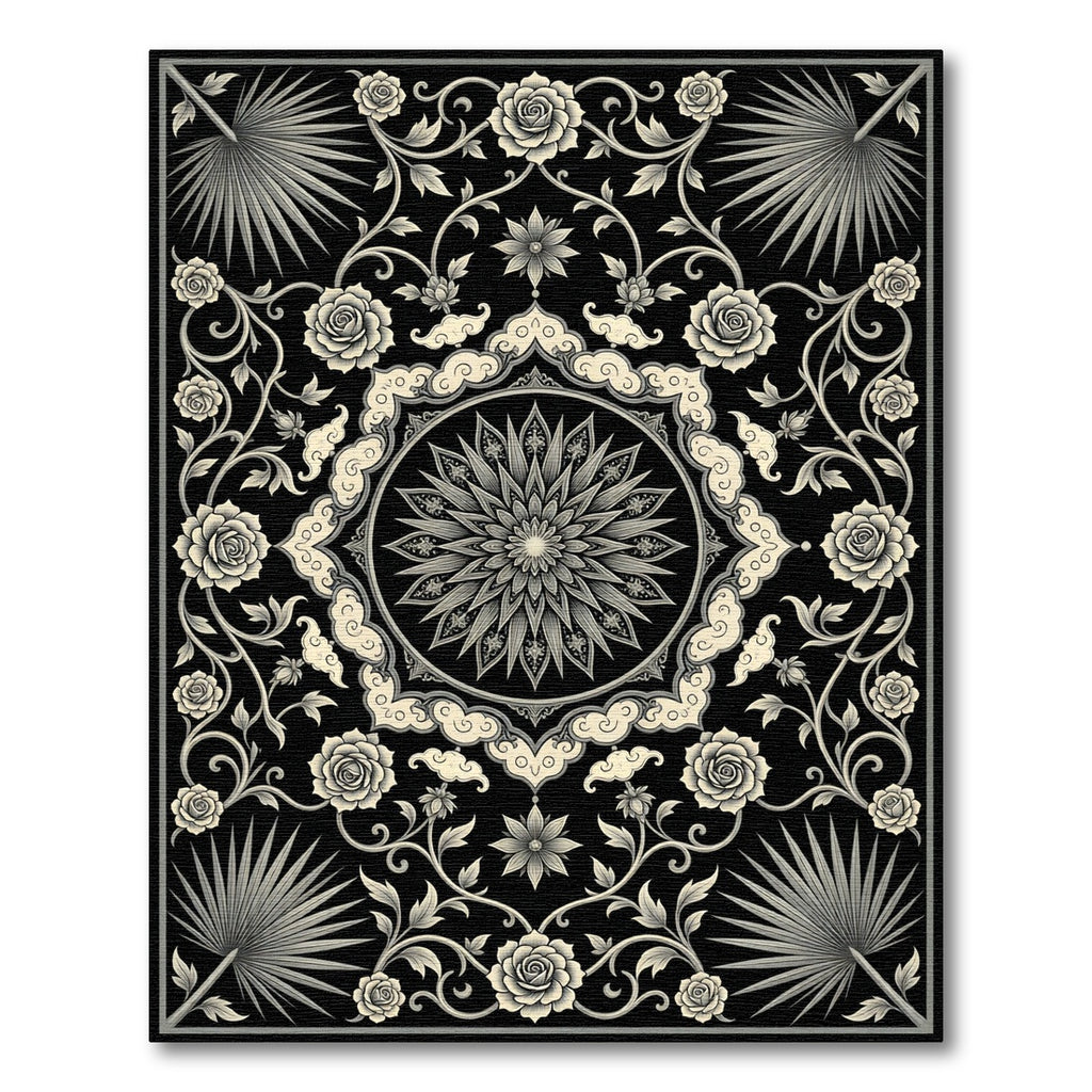 Ornate Black Cream Floral Medallion Rug