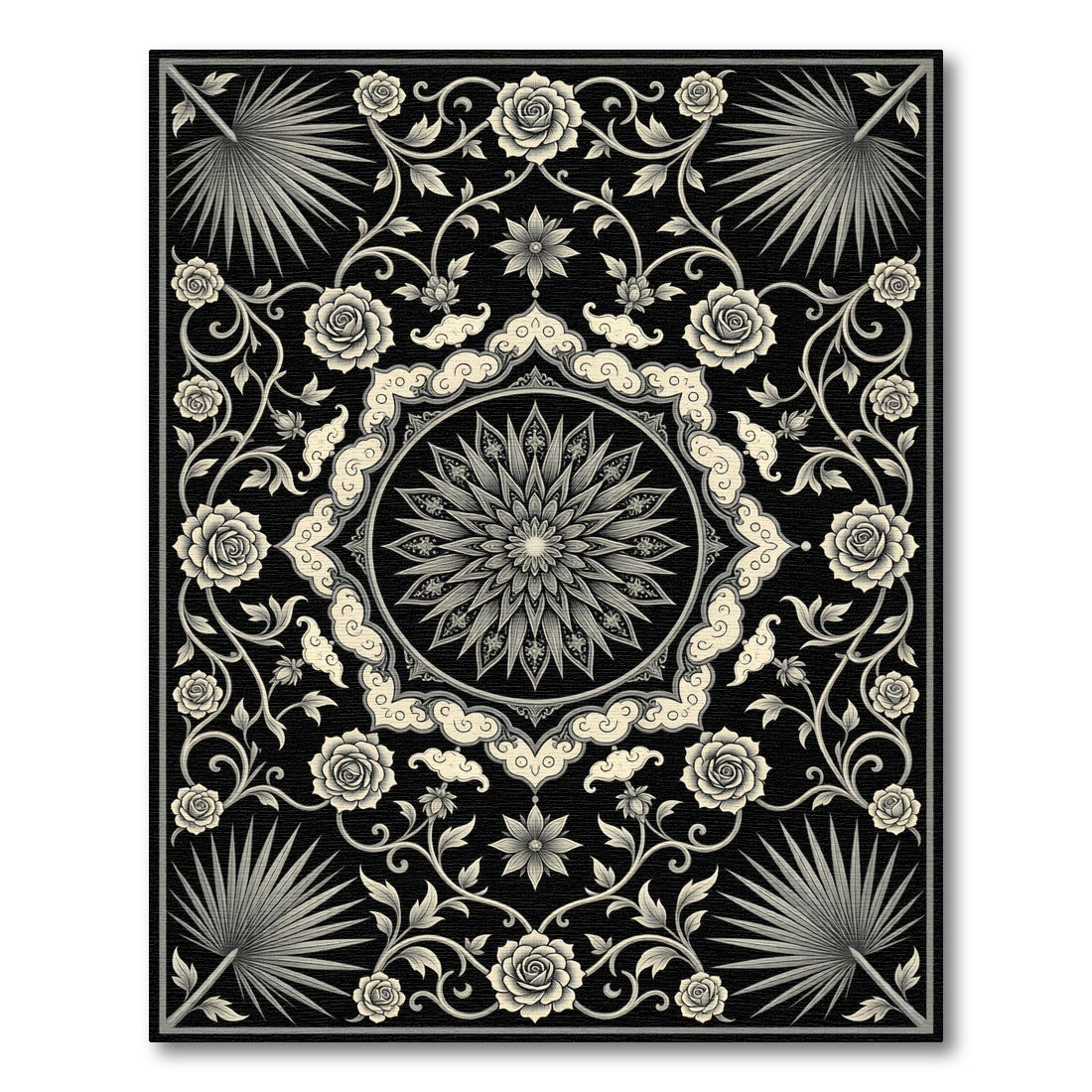 Ornate Black Cream Floral Medallion Rug