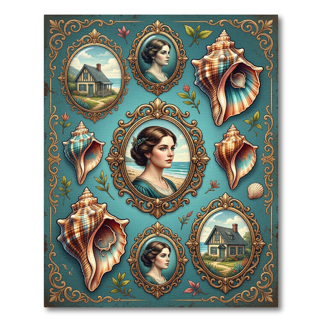 Vintage Seashell Portrait Teal Frame Art Rug