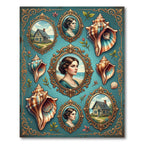 Vintage Seashell Portrait Teal Frame Art Rug