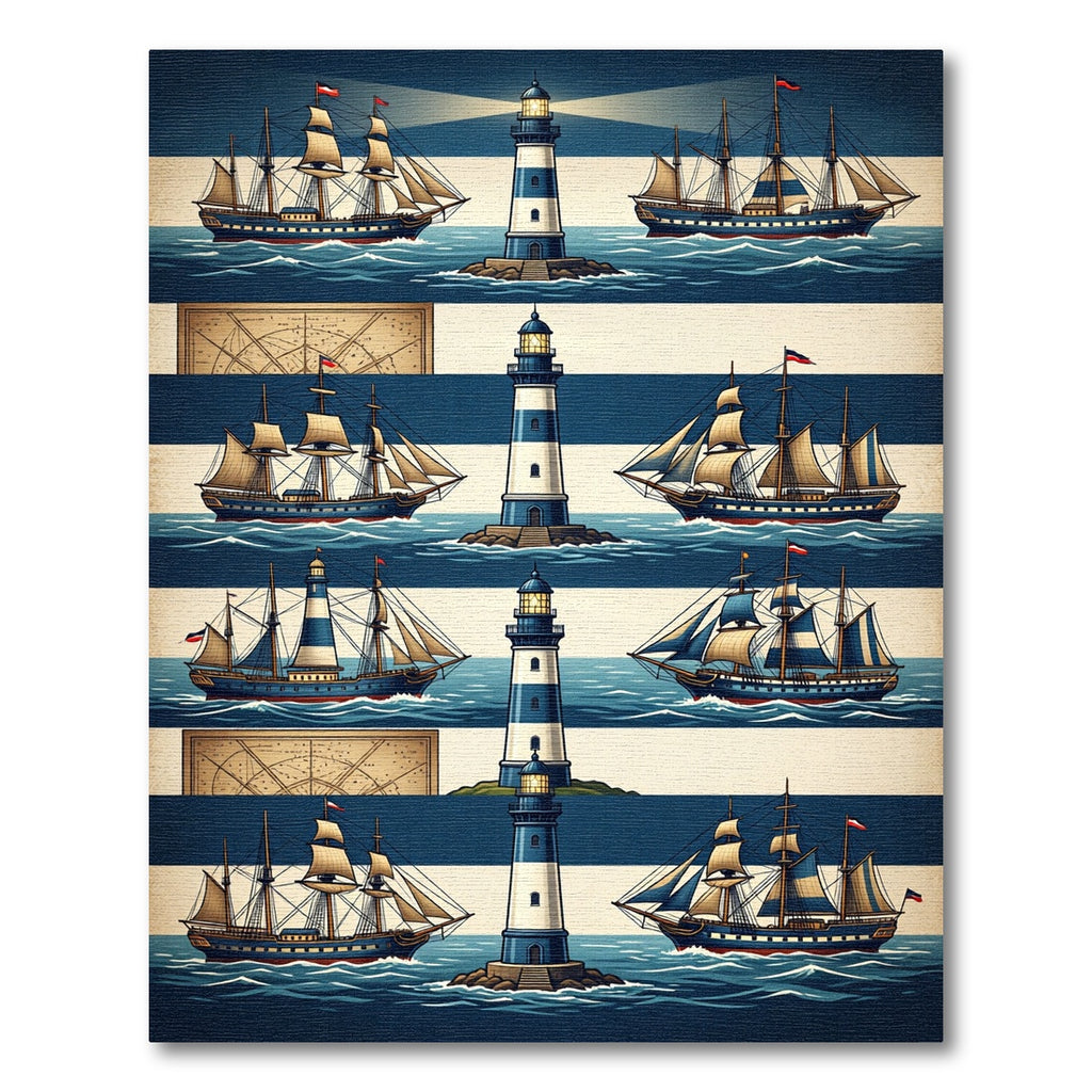 Nautical Lighthouse Blue Striped Maritime Scene Rug