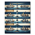 Nautical Lighthouse Blue Striped Maritime Scene Rug