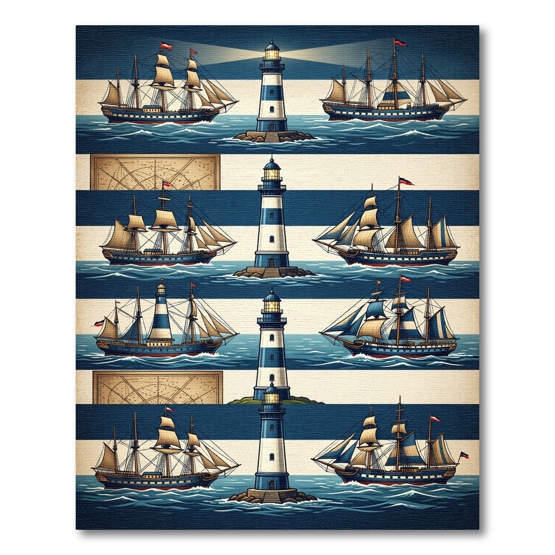 Nautical Lighthouse Blue Striped Maritime Scene Rug