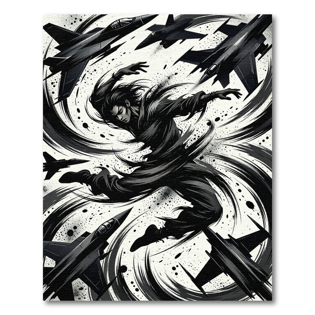 Dynamic Monochrome Jet Fighter Swirl Art Rug