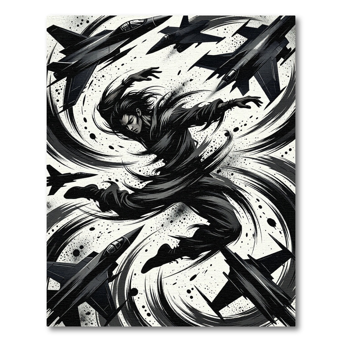 Dynamic Monochrome Jet Fighter Swirl Art Rug