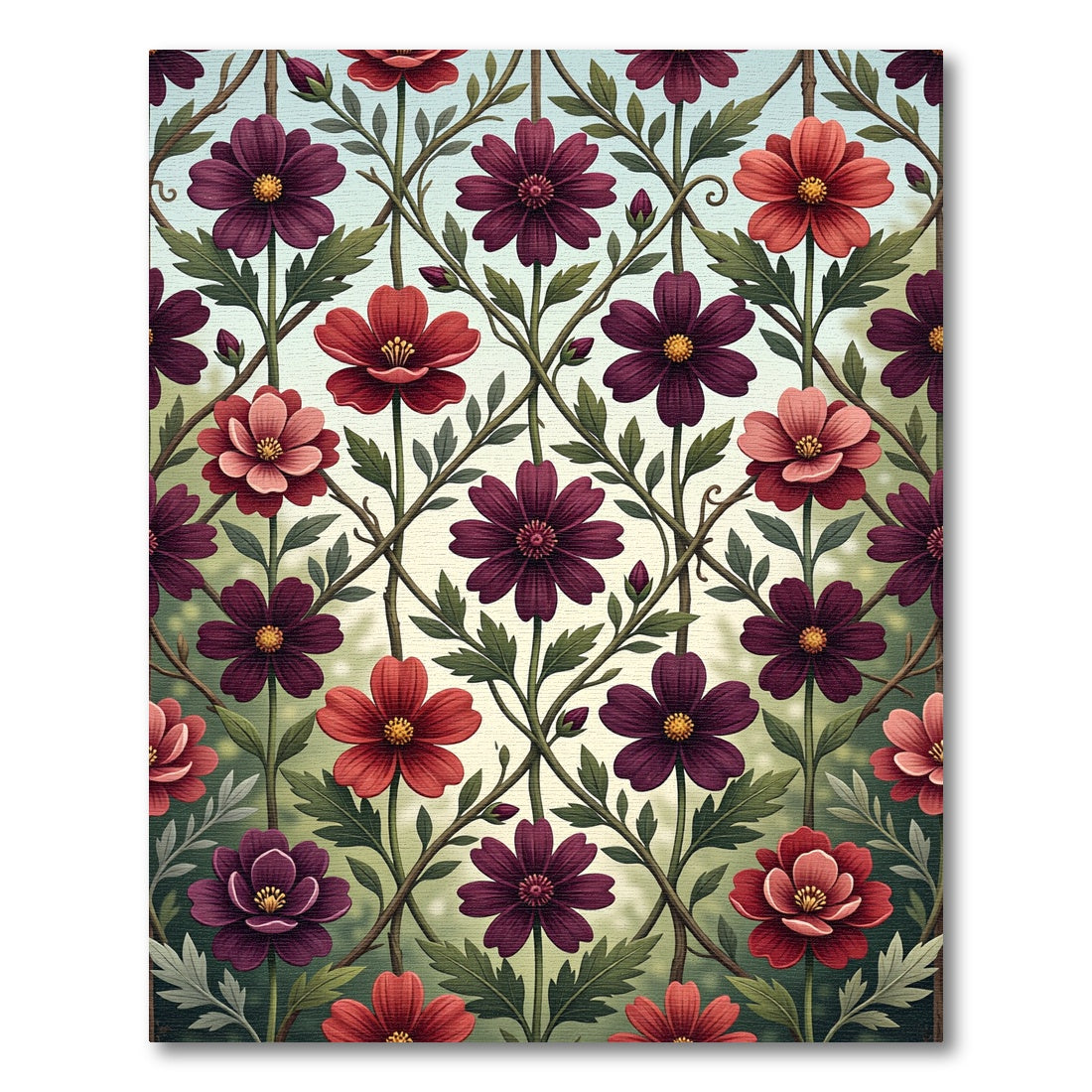 Crimson Red Burgundy Floral Lattice Rug