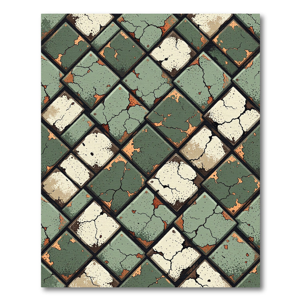 Distressed Sage Green Cracked Tile Mosaic Rug