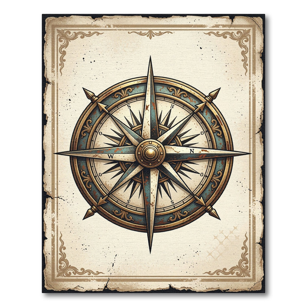 Antique Nautical Compass Gold Teal Medallion Rug