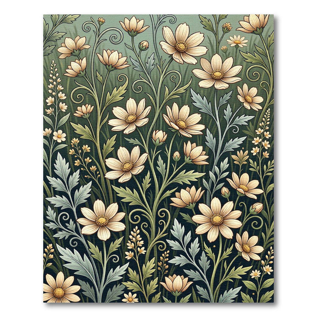Sage Green Cream Botanical Meadow Illustration Rug