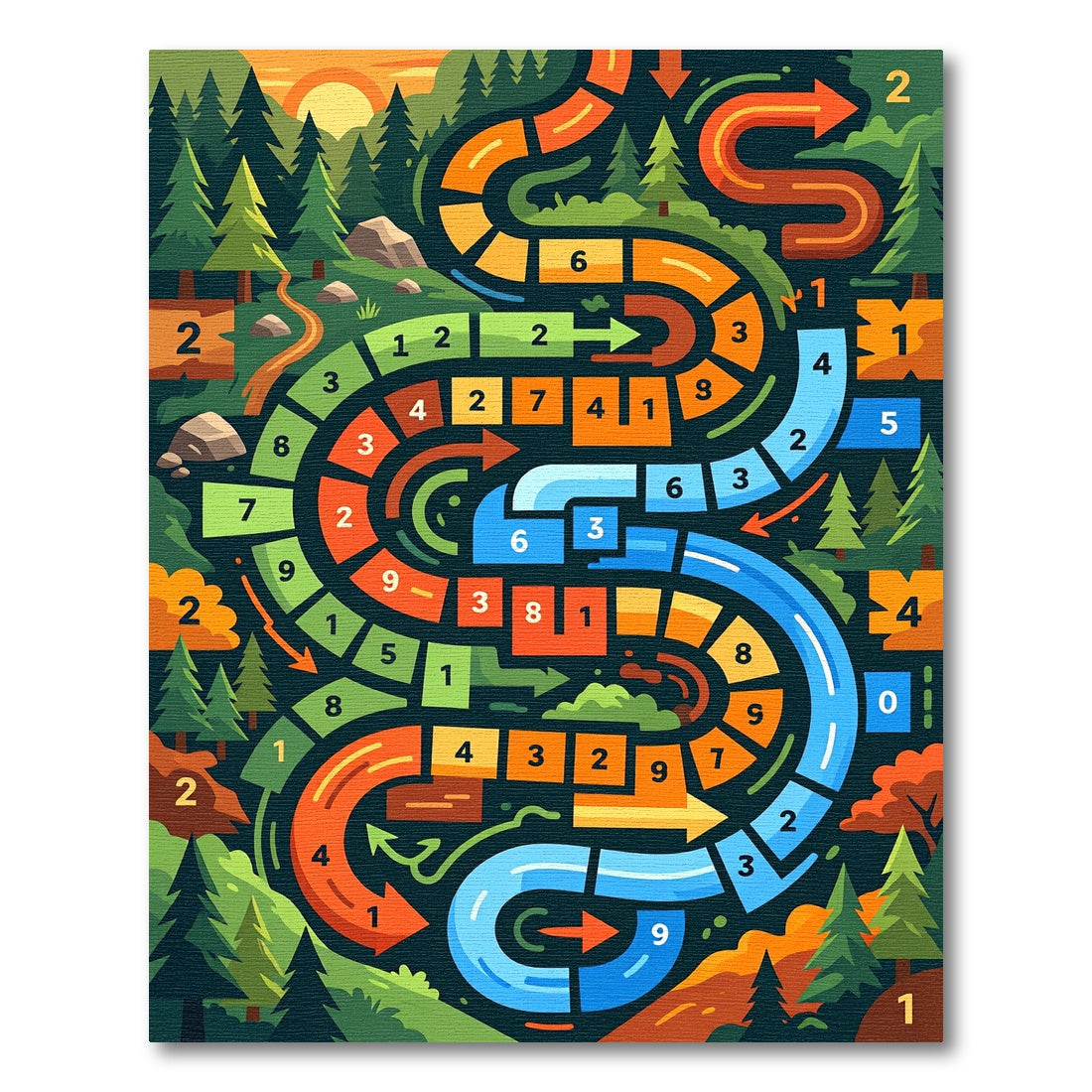 Vibrant Forest Path Numbered Game Landscape Rug