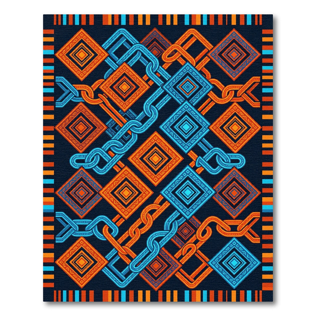 Geometric Chain Link Navy Orange Rug