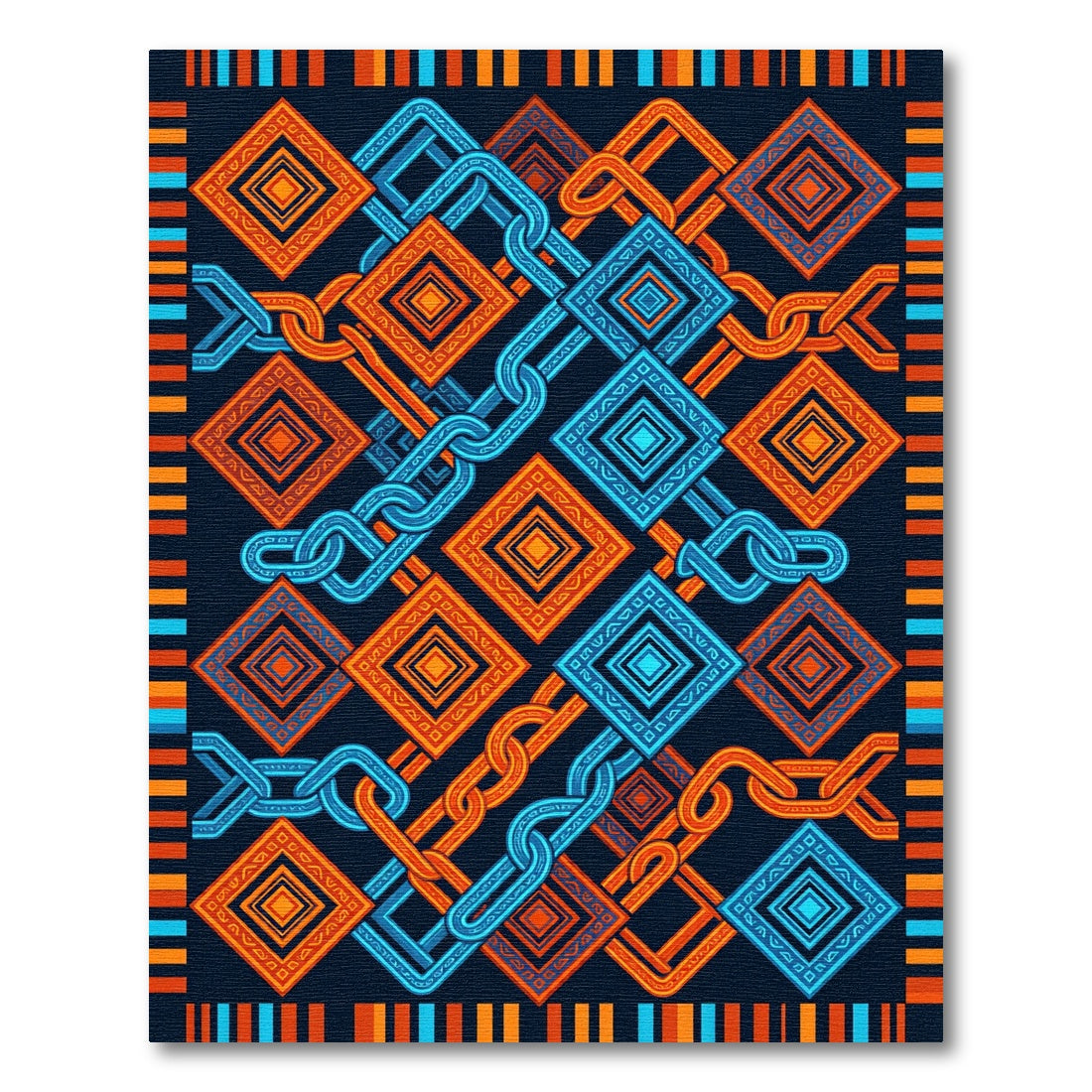 Geometric Chain Link Navy Orange Rug