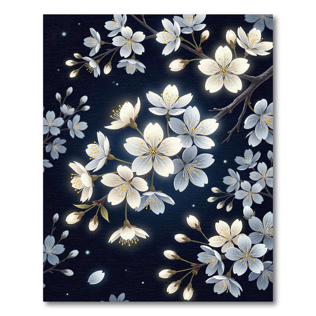 Luminous White Cherry Blossom Night Meadow Rug