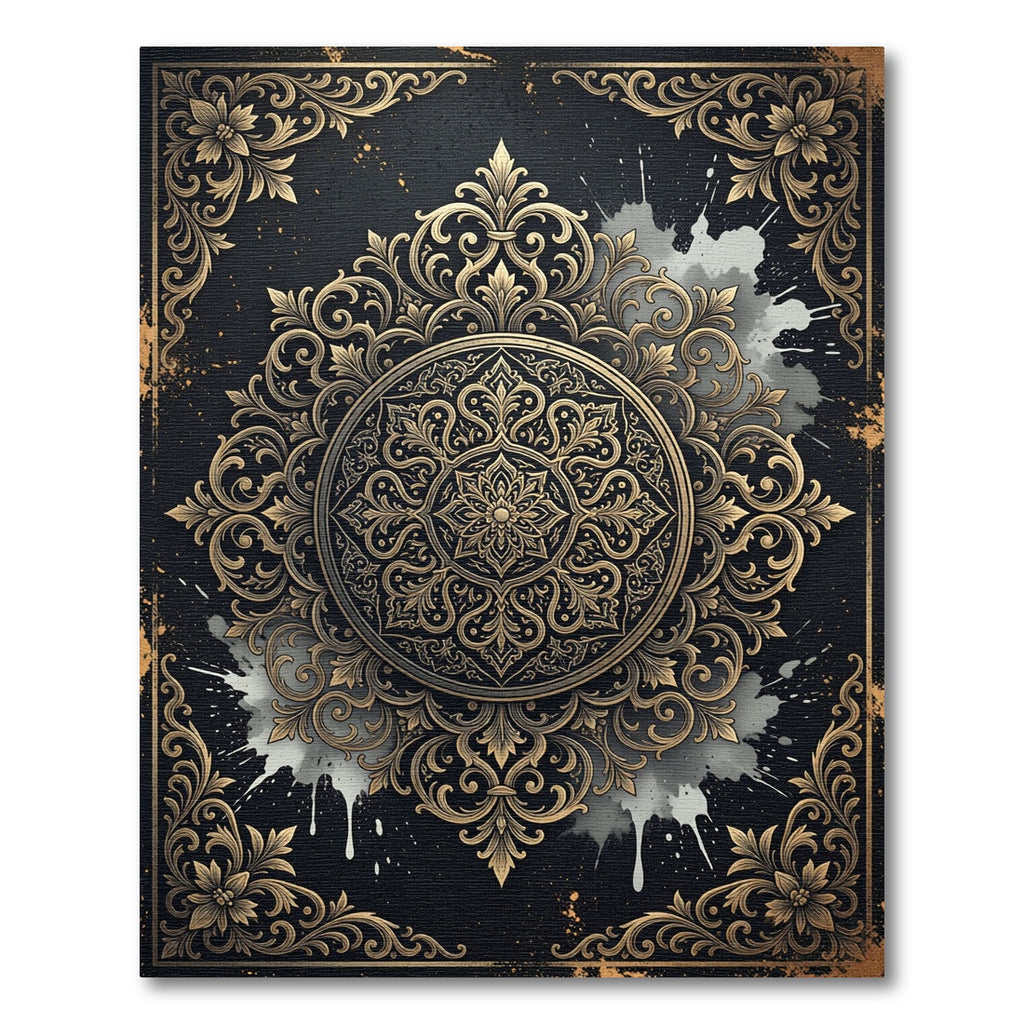 Elegant Gold Ornate Mandala Black Rug
