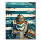 Coastal Lighthouse Nautical Blue Striped Illustration Rug