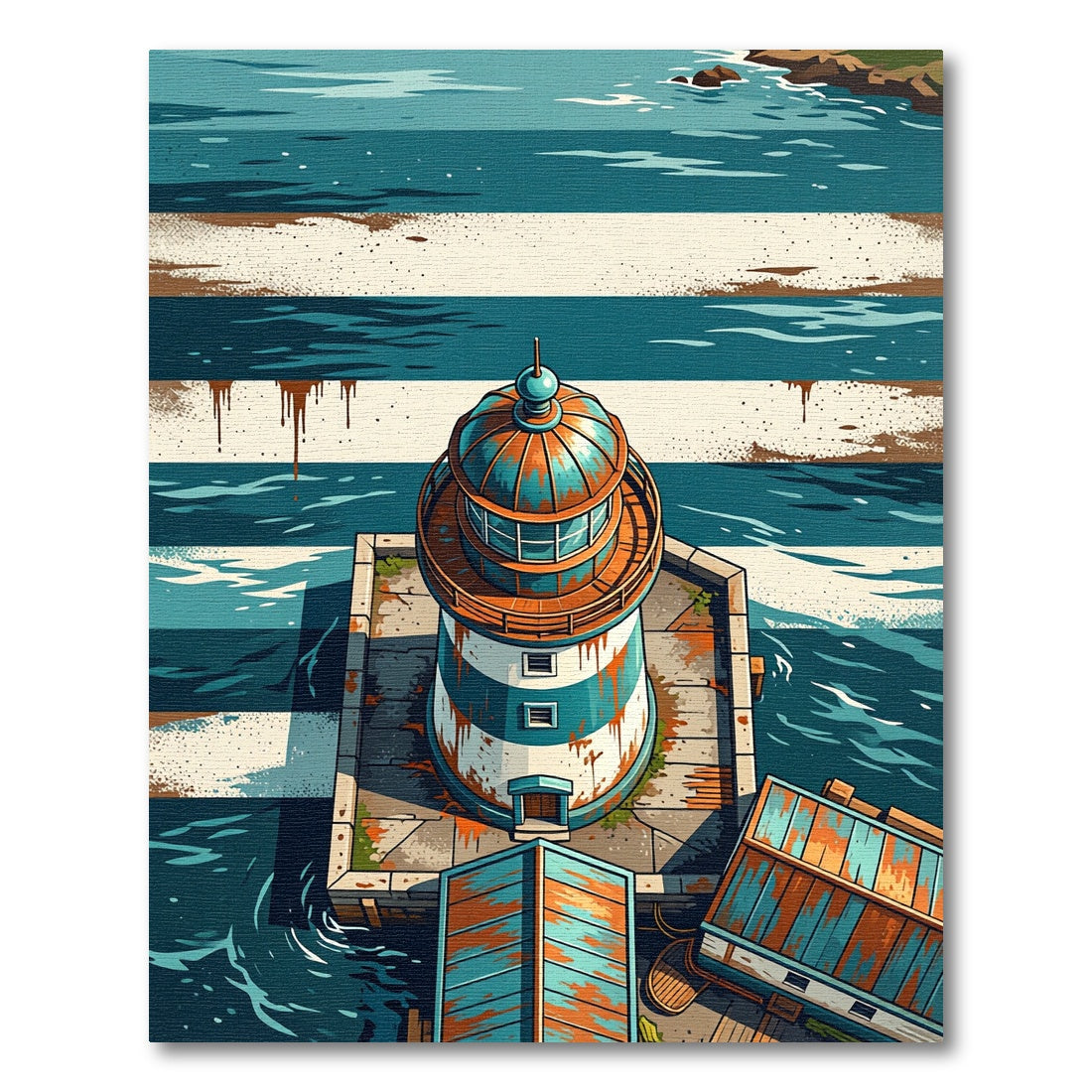 Coastal Lighthouse Nautical Blue Striped Illustration Rug