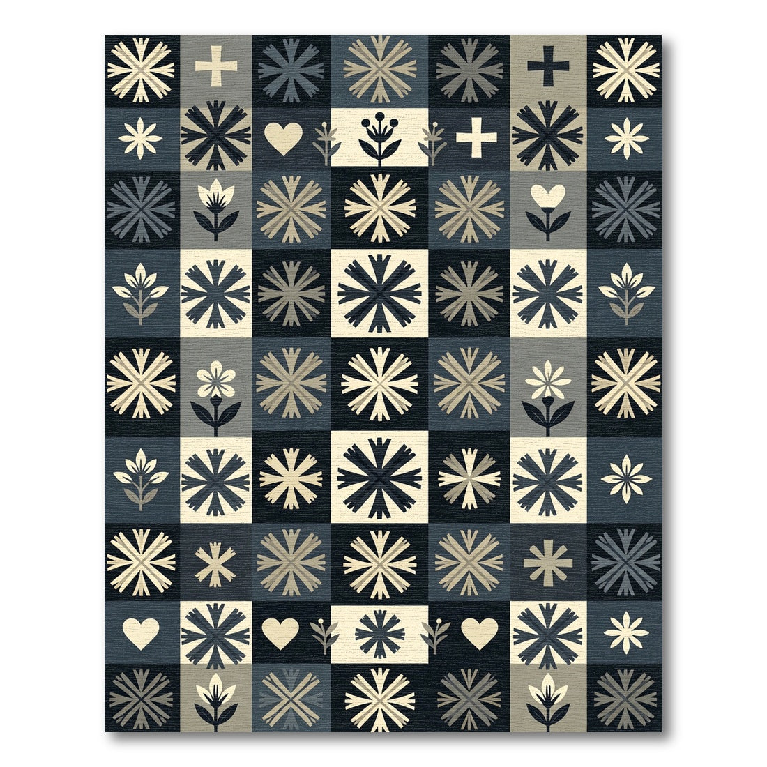 Neutral Block Floral Heart Cross Tones Rug