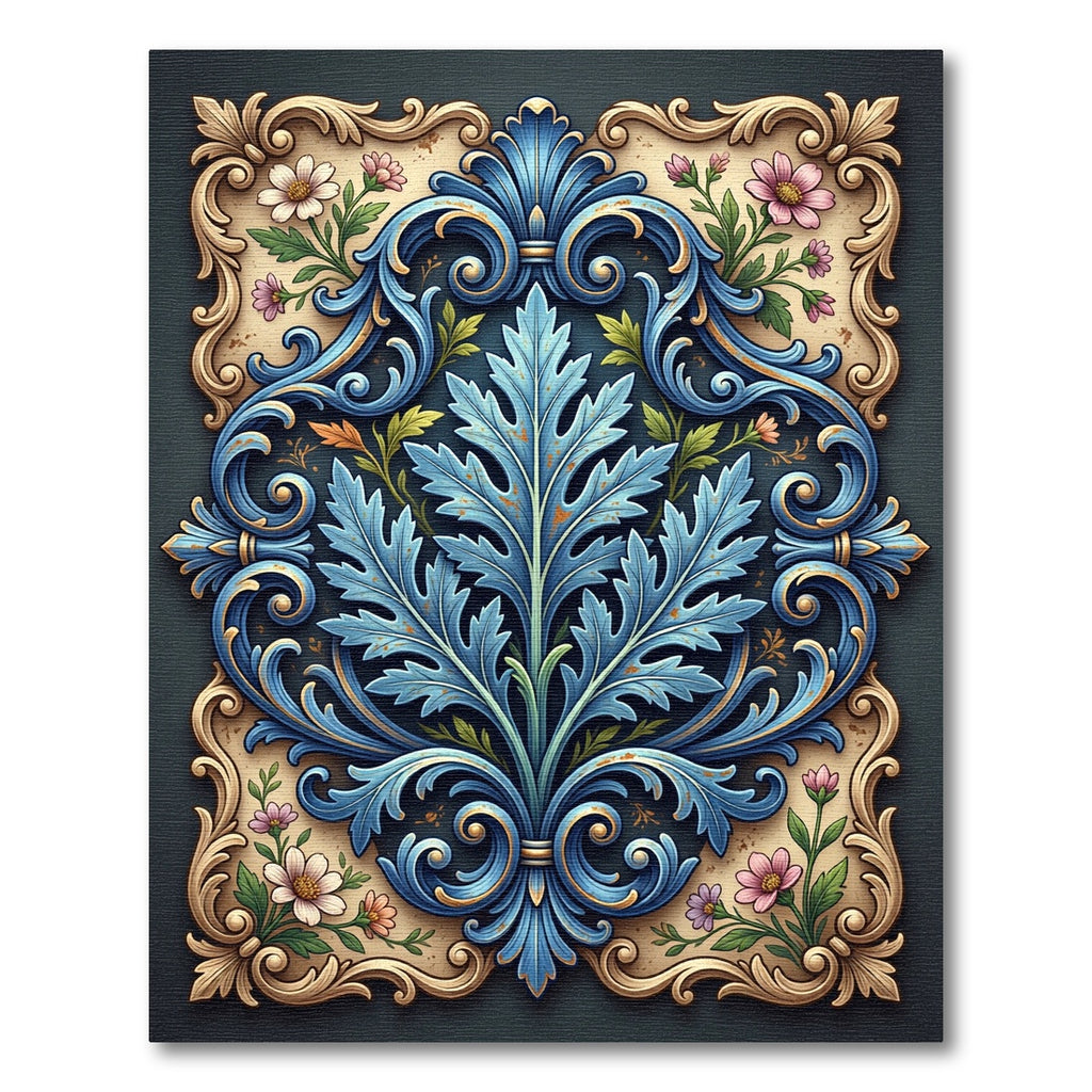 Ornate Blue Acanthus Leaf Floral Scroll Rug