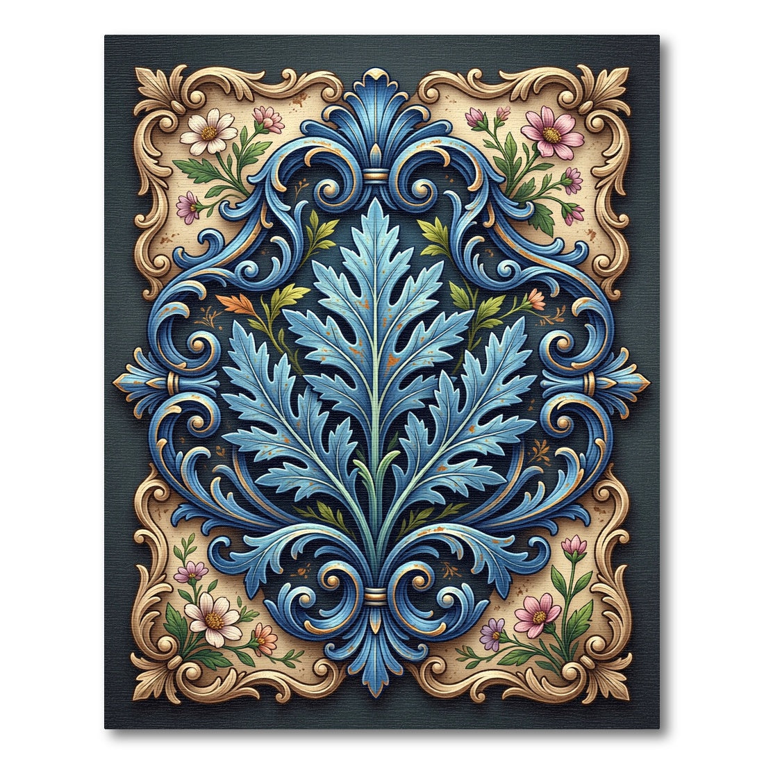 Ornate Blue Acanthus Leaf Floral Scroll Rug